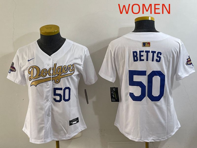 Women Los Angeles Dodgers 50 Betts White Champion edition Nike MLB Jersey style 002
